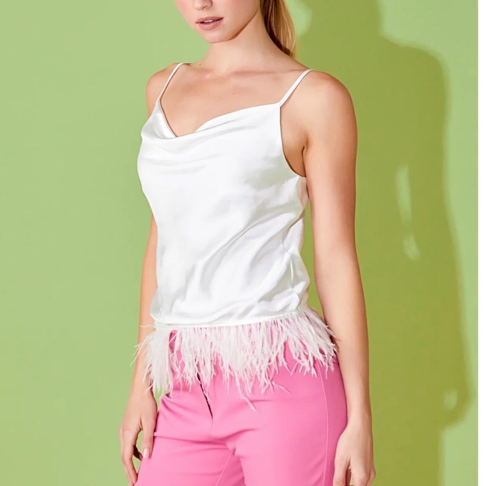 ENDLESS ROSE SATIN COWL NECK TOP WITH FEATHER WHITE S‎ NWT in packaging